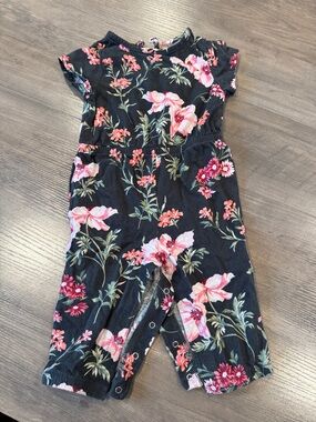 Old Navy Black Floral Girls Romper with Pink & Coral Blooms